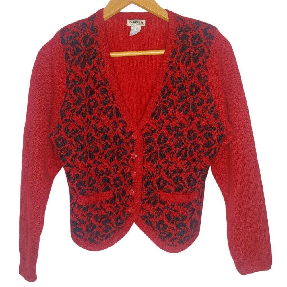 Vintage In Wear Kristen Leisner Woman M Wool Blend Sweater Red Floral Button EUC